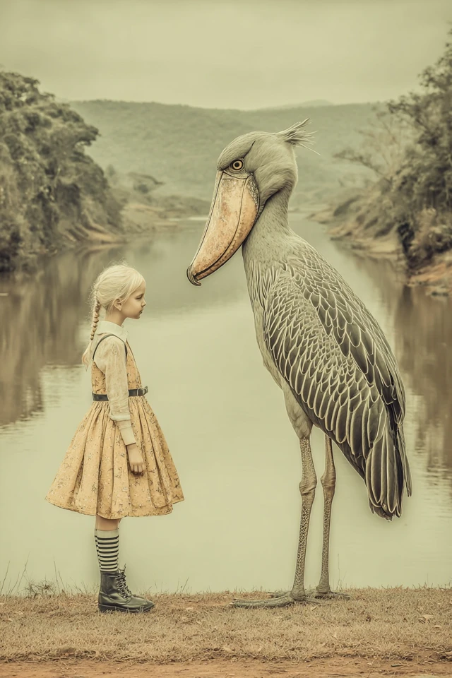 Shoebill Bird Girl and River Surreal Art