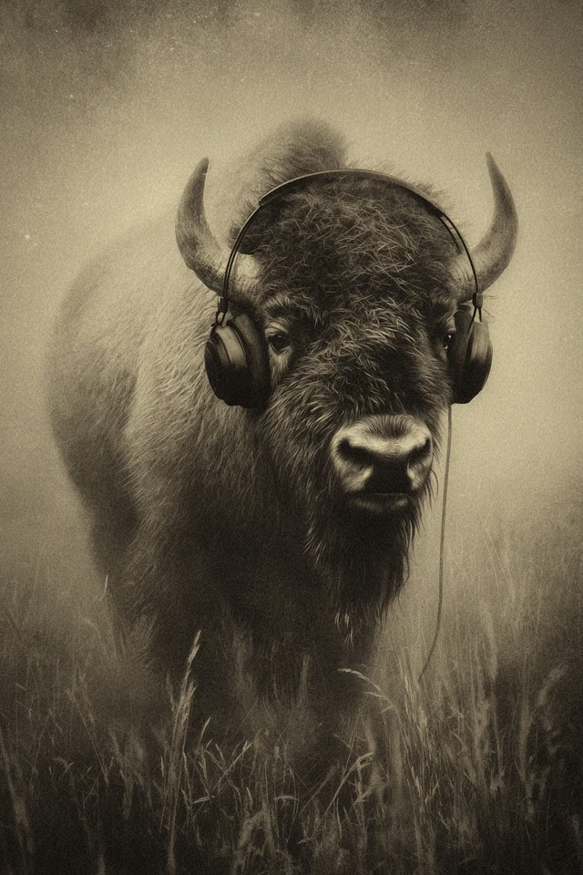 Bison with Headphones Sepia Illustration