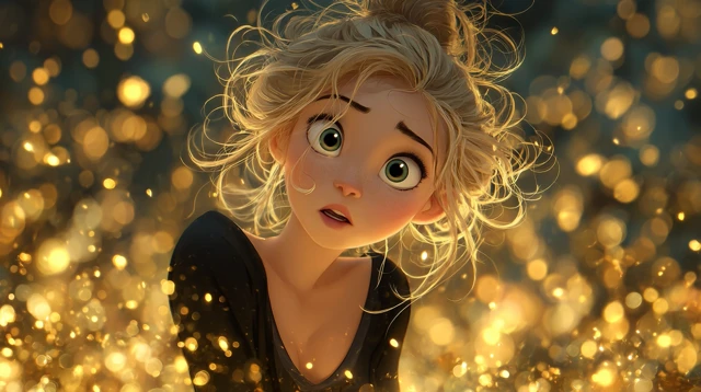 Cartoon Girl with Golden Light Particles in Antique Style