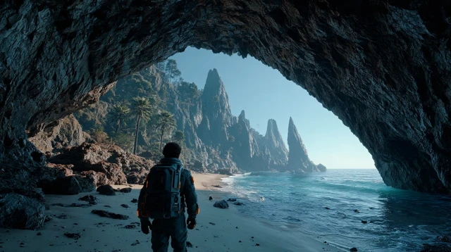 Futuristic Explorer in a Coastal Cave Landscape
