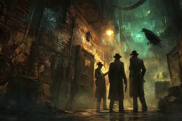 1920s Noir Alley with Agents and Supernatural Horror