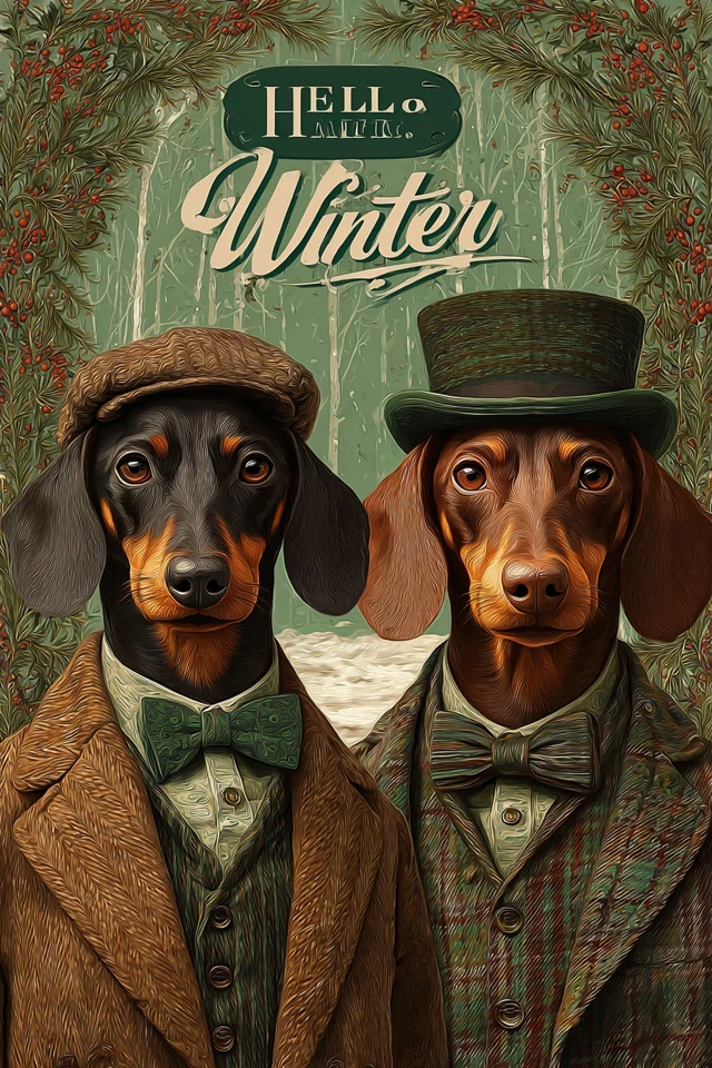 Dachshunds in Tweed Suits Winter Portrait