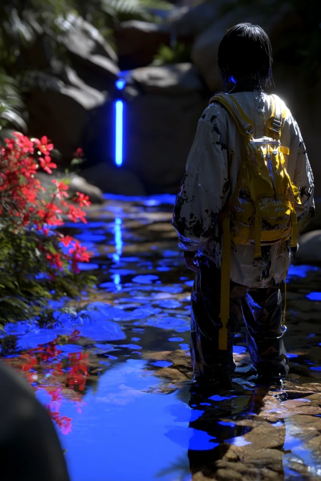 Cyberpunk Explorer Enters Futuristic Paradise