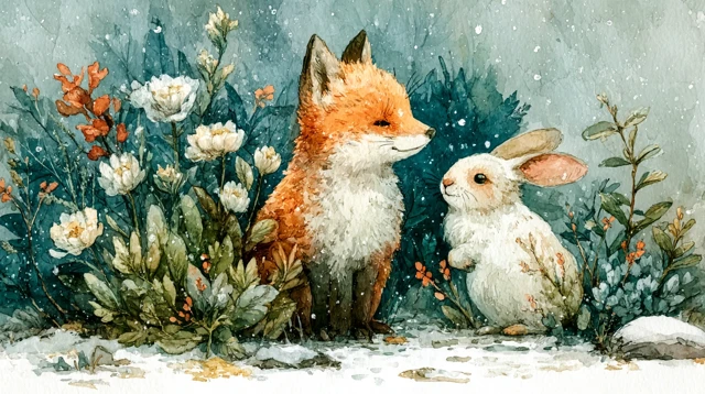 Fox and Rabbit Playtime Watercolor Illustration