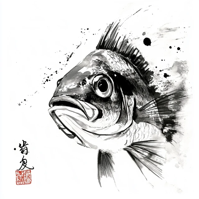 Red Seabream Madai Face Sumi e Ink Illustration