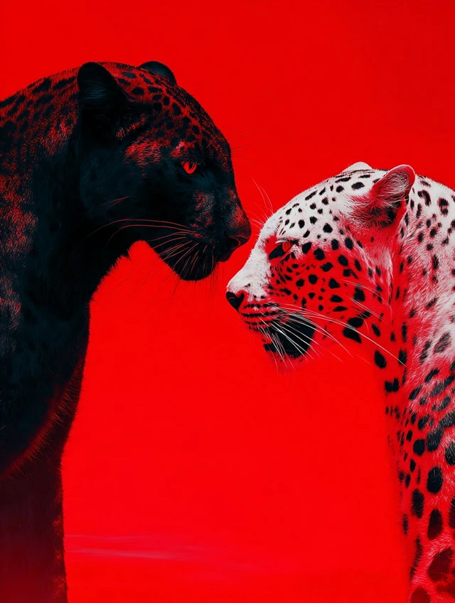 Leopards Confrontation Black White on Red