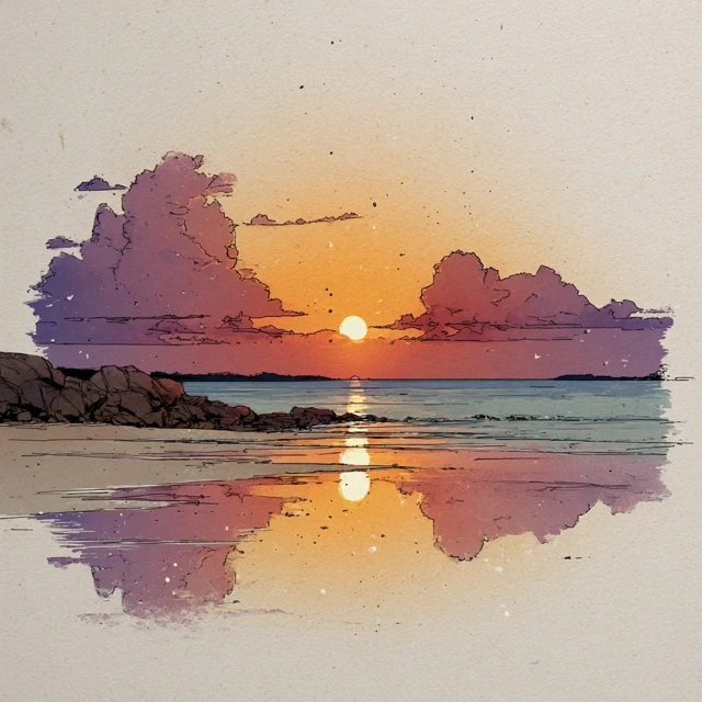 Beach Sunset Line Work Illustration