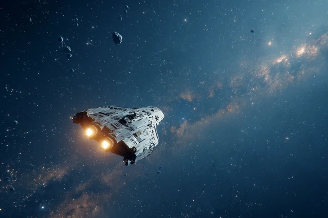 Astronaut and Spaceship in Deep Space