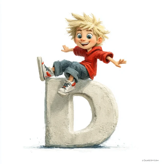 Happy Boy on Letter D Character Concept Art