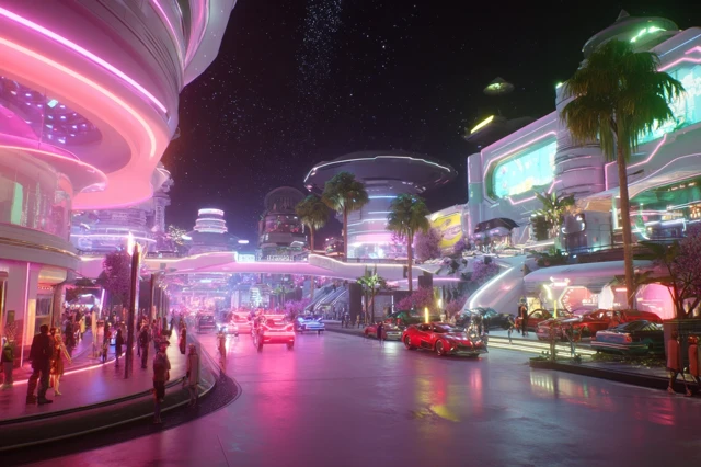 Futuristic Cityscape Neon Lights Retro Cars Night Scene