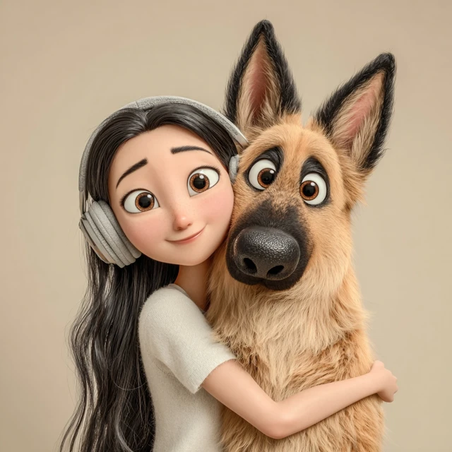 Asian Woman and Dog Smiling Together Pixar Style