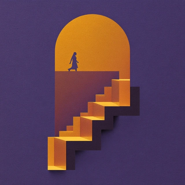 Spiritual Growth: Woman Climbing Golden Stairs