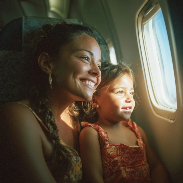 Mother and Daughter Smiling on a Plane