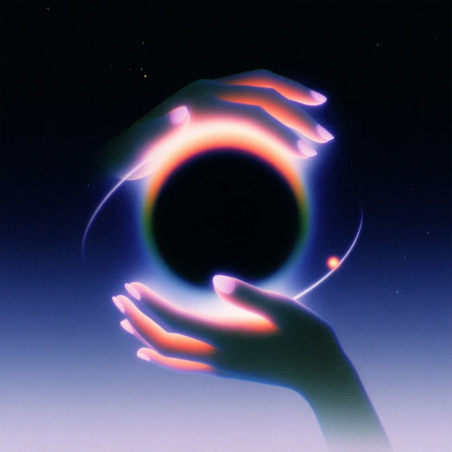 Neon Hands Cosmic Energy Sphere Retro Illustration