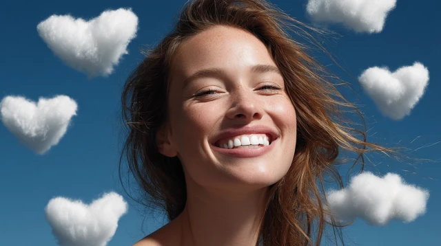 Smiling Woman with White Teeth in Sky Clouds