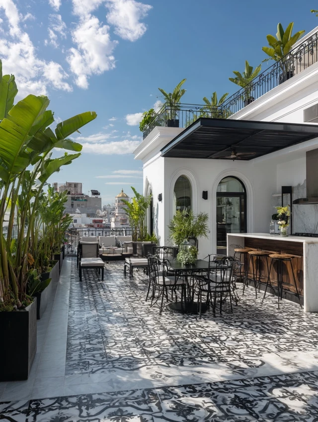 Retro French Colonial Terrace Black and White Luxury