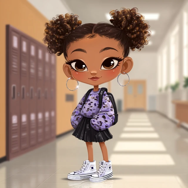 Chibi Girl in School Hallway Cartoon Illustration