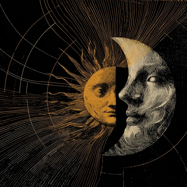 Sun and Moon Divided Surreal Monotype Etching