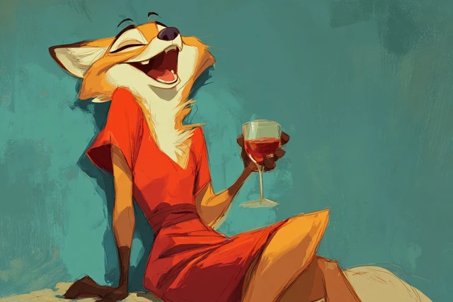 Anthropomorphic Fox Lady with Wine Illustration