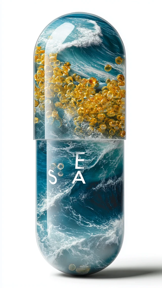Vitamin C Capsule with Ocean Waves Sea Inside