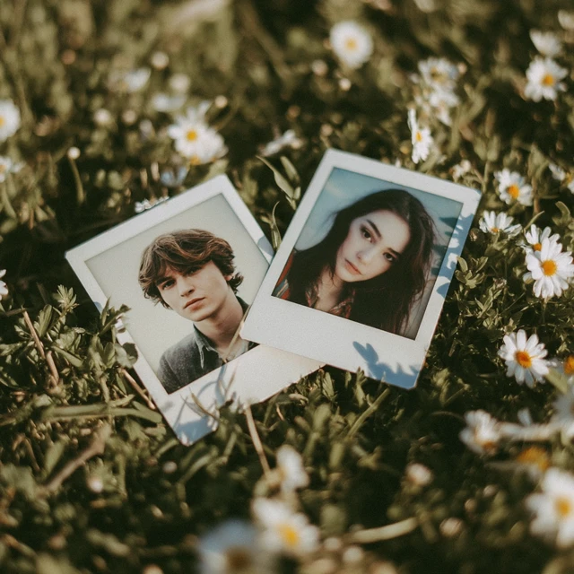 Couple Portraits on Polaroids in Flower Field