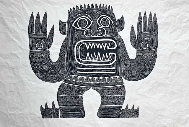Ancient Central American Sculpture Ink Drawing