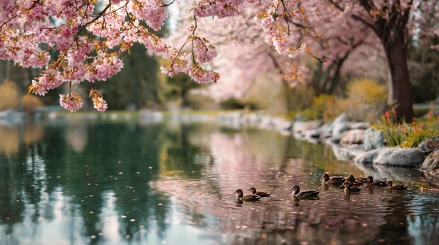 Cherry Blossom Lake Ducks Spring Scene