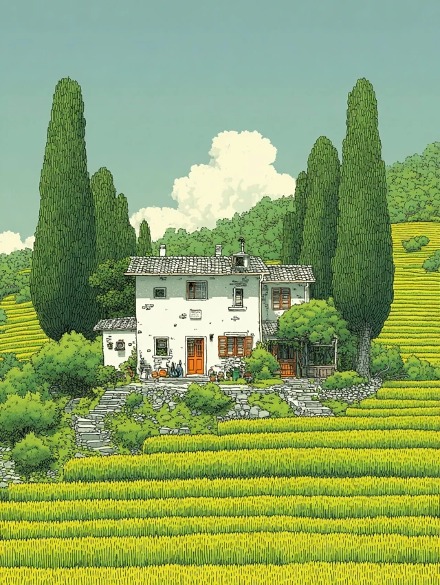Farmhouse on Green Fields Illustration