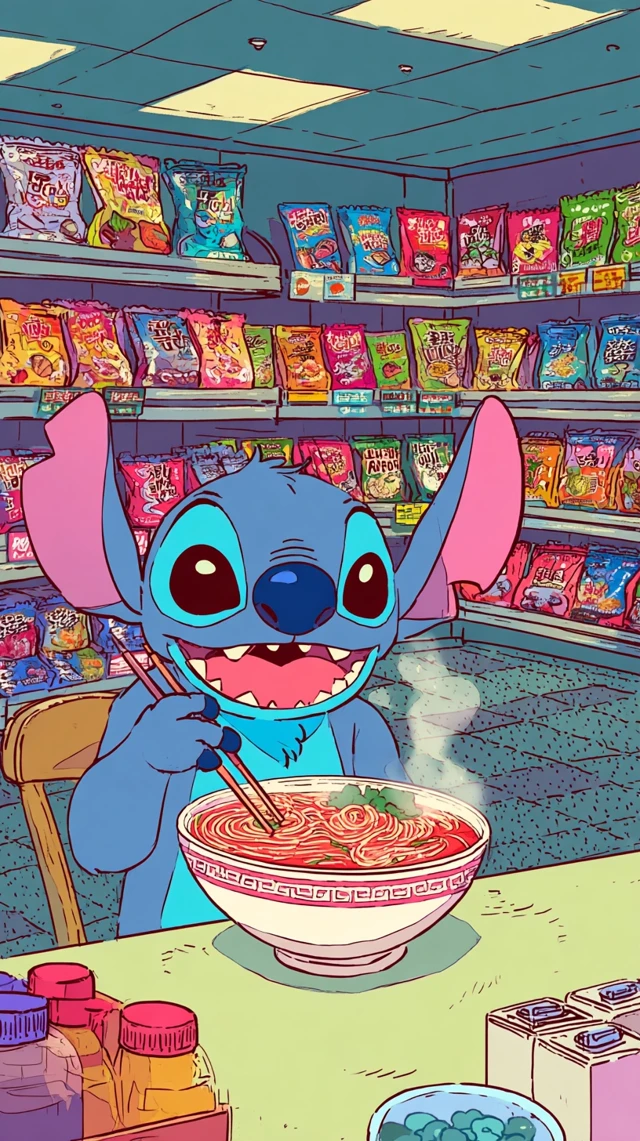 Stitch Enjoys Spicy Korean Ramen Cartoon Illustration