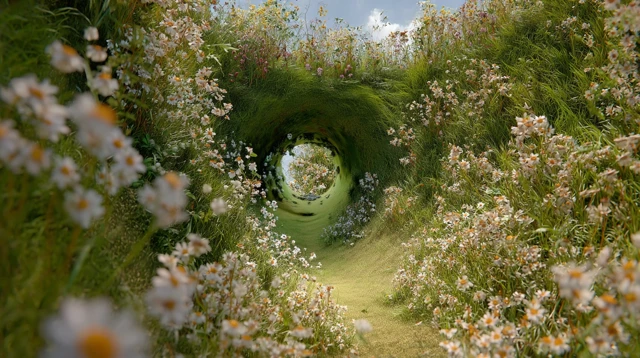 Grassy Tunnel with Wildflowers and Blue Sky