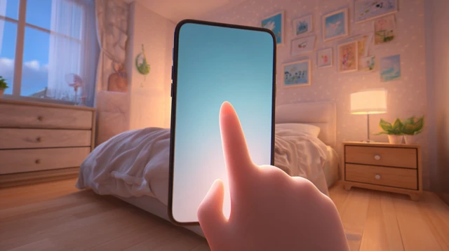 3D Cartoon Finger Tapping Phone in Bedroom