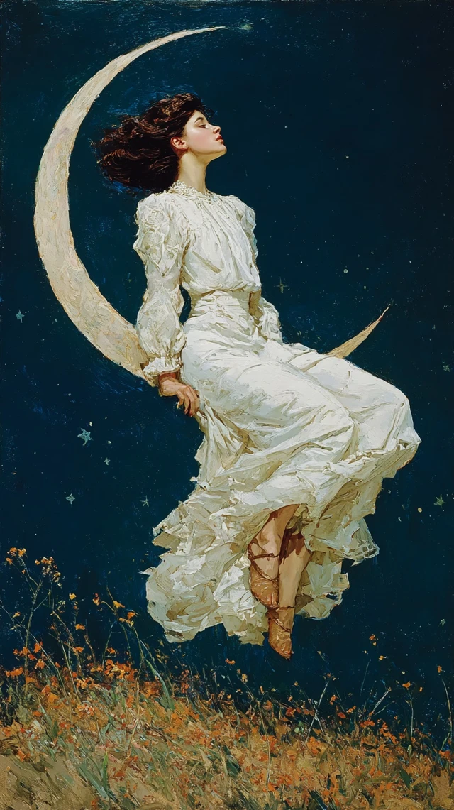 Woman on the Moon Stars Painting Art