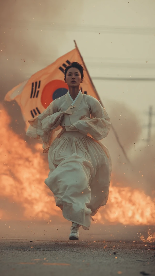 Korean Girl Hanbok Burning Street Action