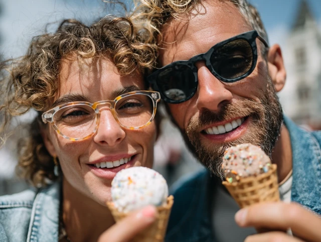 Couple Sharing Ice Cream Summer Day Joyful Moment
