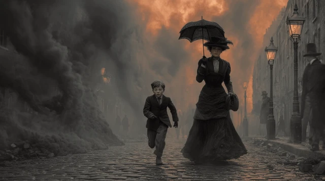 Victorian London Street Scene in Grayscale