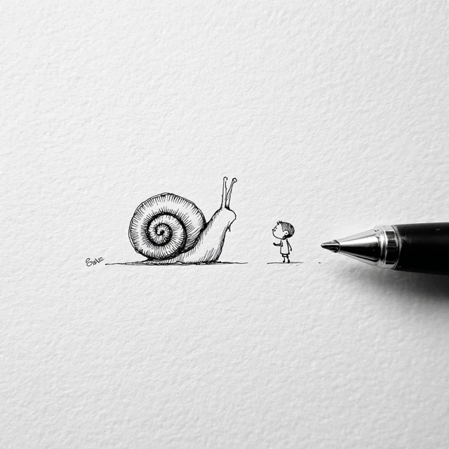 Snail and Child Minimalist Ink Drawing