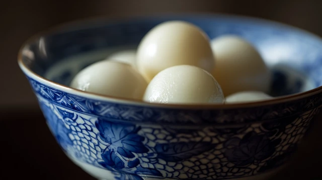 Chinese Dessert Glutinous Rice Balls in Porcelain Bowl