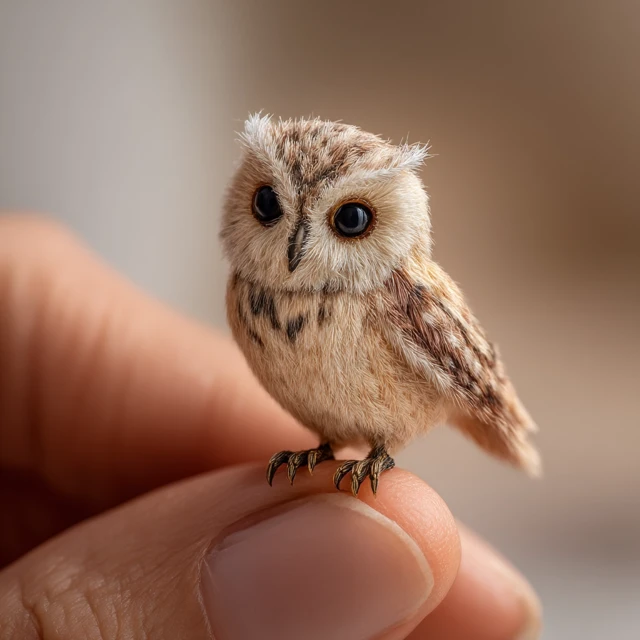 Tiny Owl Perched on Fingertip Hyper Realistic Photo