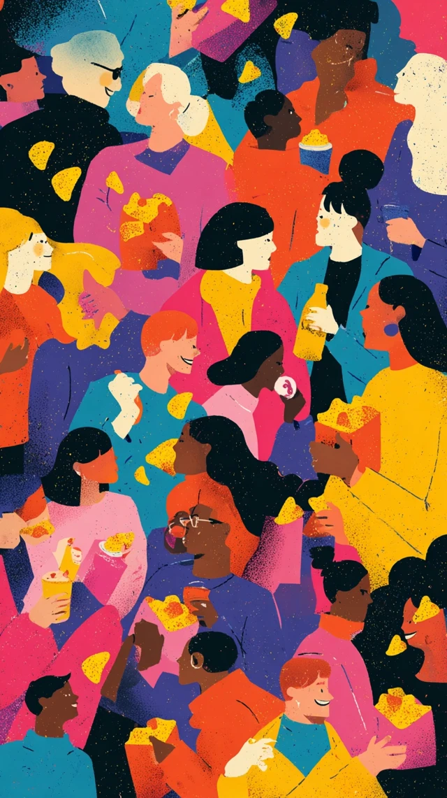Community Gathering People Eating Chips Illustration