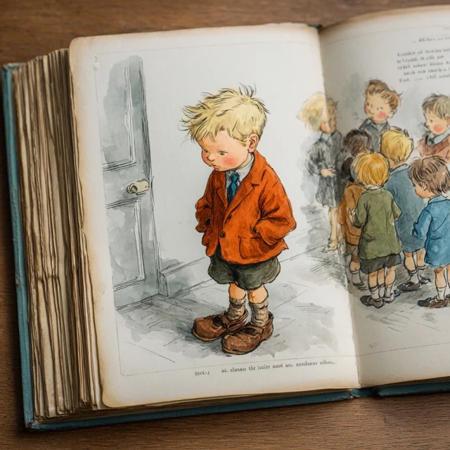Mid Century Childrens Book Illustration Sad Boy
