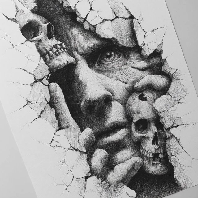 Hyperrealistic Skull Art Black and White Illustration
