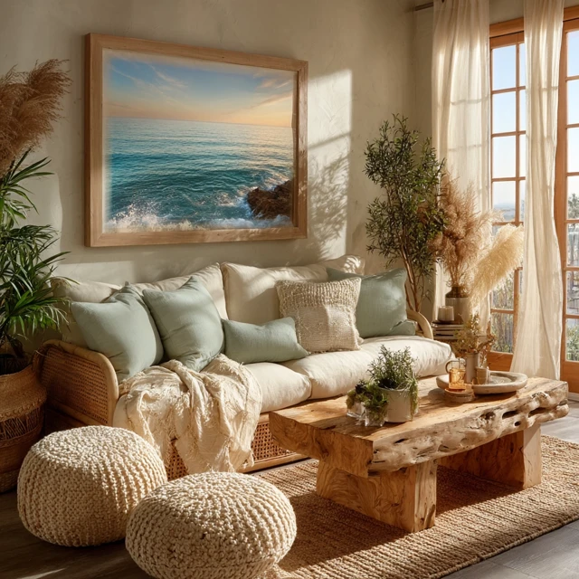 Coastal Boho Living Room Design Earthy Tones Sunlight