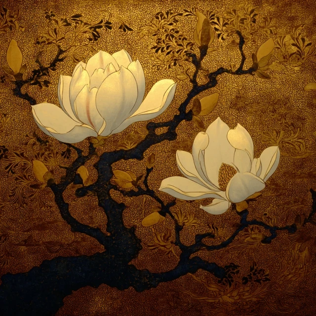 Japanese Magnolia Painting Gold Leaf Sunset