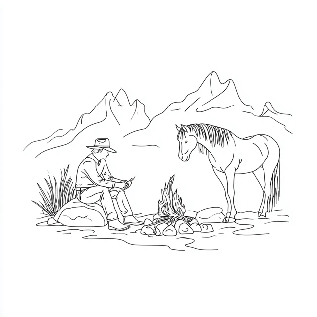 Cowboy and Horse Campfire Illustration