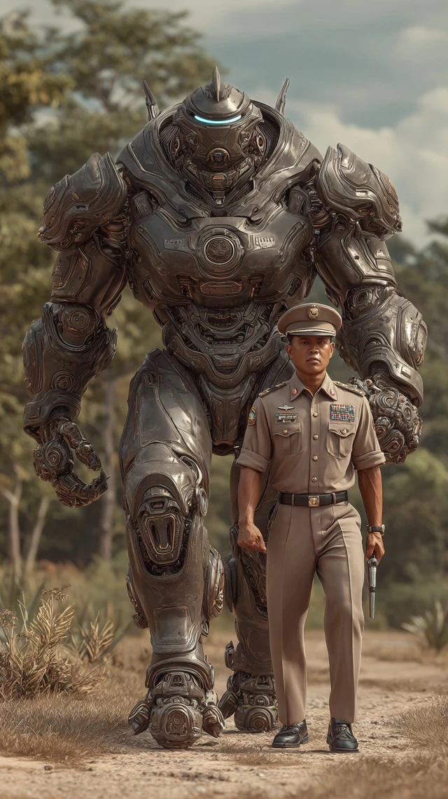 Thai Police Commander and Futuristic Robot 4K