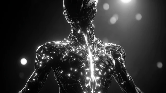 Cybernetic AI Figure in Geometric Armor