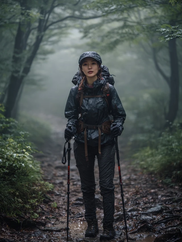 Korean Hiker in Misty Summer Mountain Hike