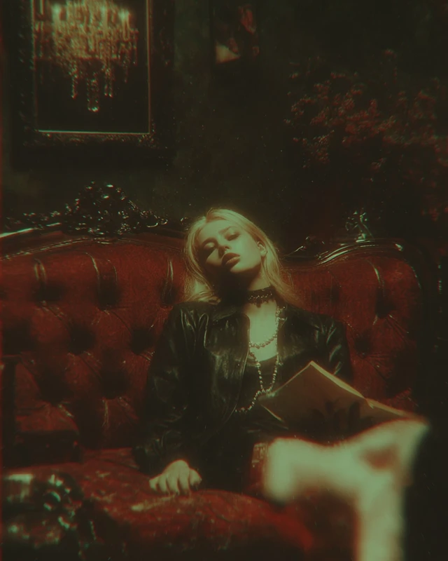 Luxury Photography Blonde Model Red Velvet Black Leather
