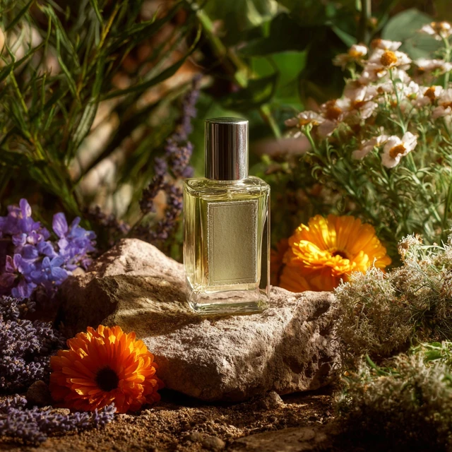 Perfume Bottle with Botanical Background