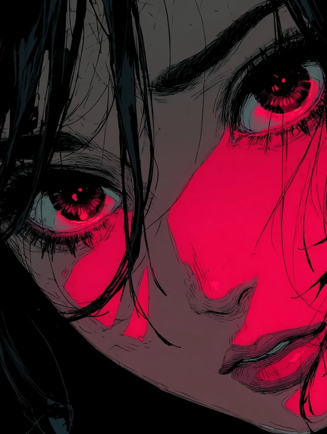 Anime Girl Eyes Glowing in Red Light